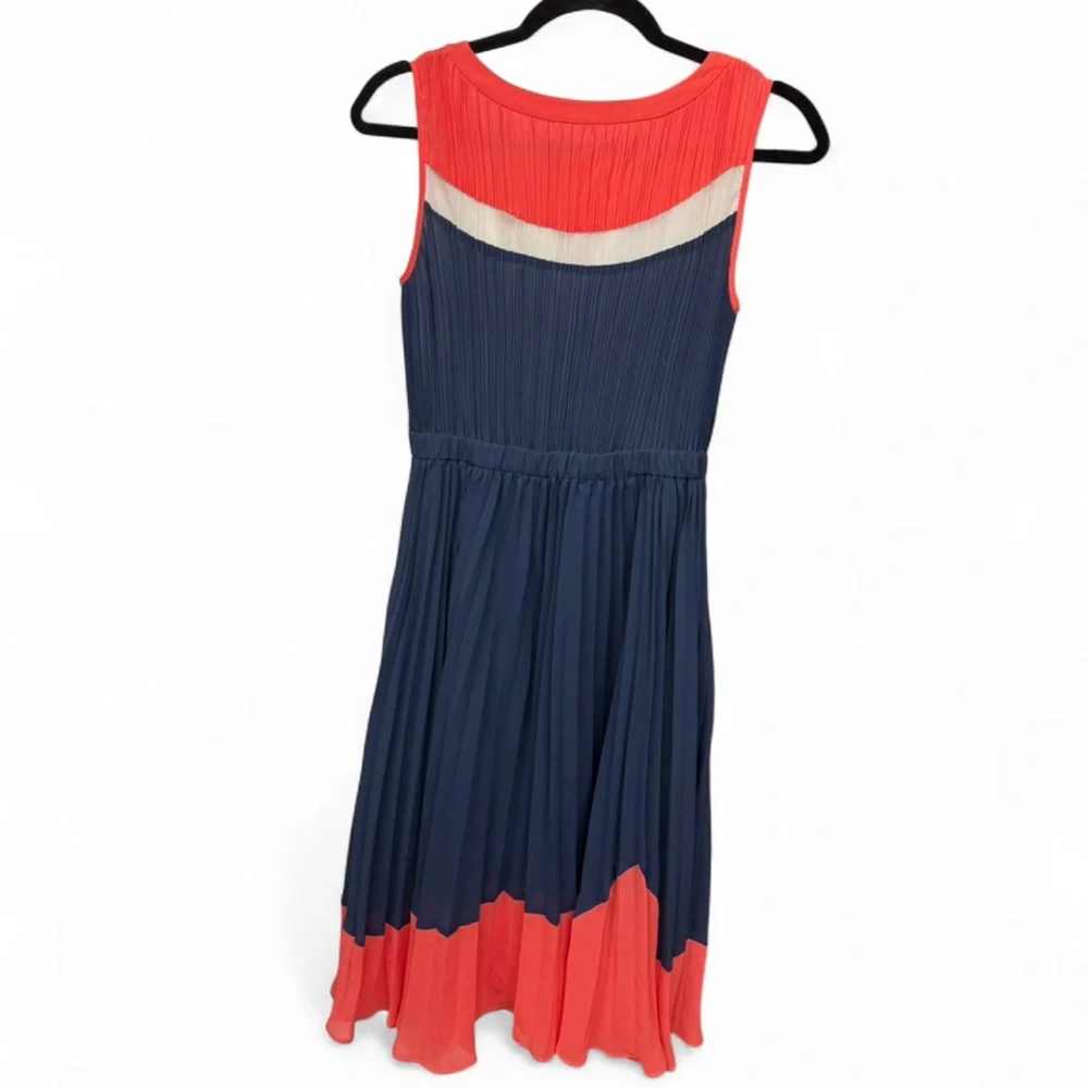 Five Plus Colorblock Micro-Pleated Midi Dress Navy Coral Cream Size S - Picture 8 of 8
